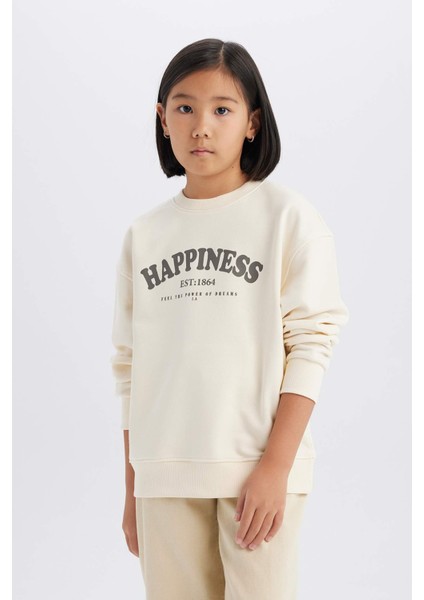 Kız Çocuk Relax Fit Bisiklet Yaka Baskılı Okul Sweatshirt D9078A825SP