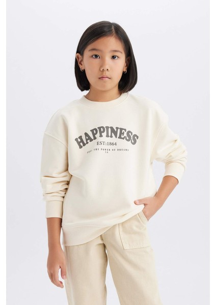 Kız Çocuk Relax Fit Bisiklet Yaka Baskılı Okul Sweatshirt D9078A825SP