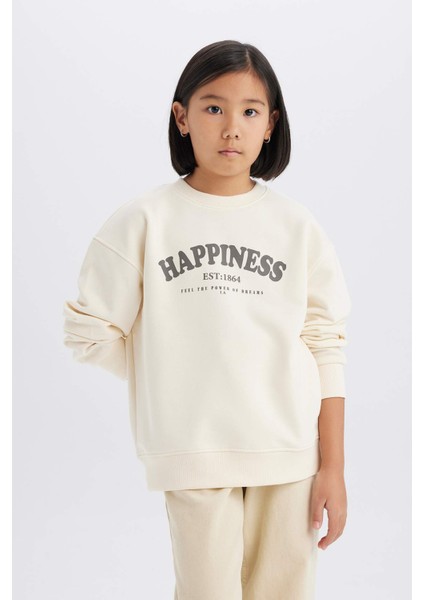 Kız Çocuk Relax Fit Bisiklet Yaka Baskılı Okul Sweatshirt D9078A825SP