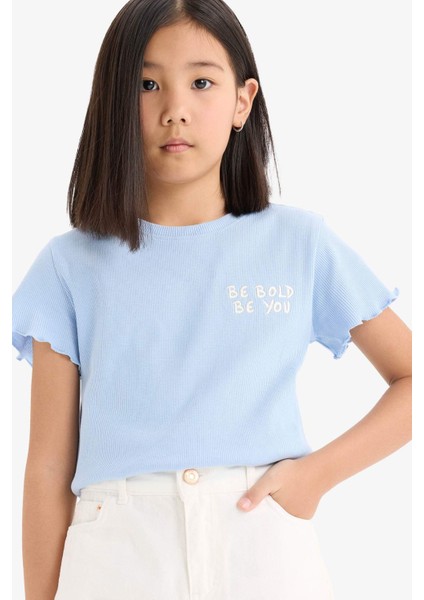 Kız Çocuk Slim Fit Dar Kesim Bisiklet Yaka Baskılı Fitilli Kaşkorse Kısa Kollu Tişört D9537A825SM