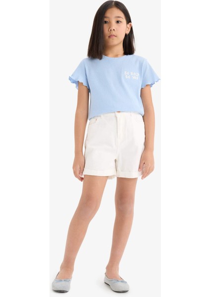Kız Çocuk Slim Fit Dar Kesim Bisiklet Yaka Baskılı Fitilli Kaşkorse Kısa Kollu Tişört D9537A825SM