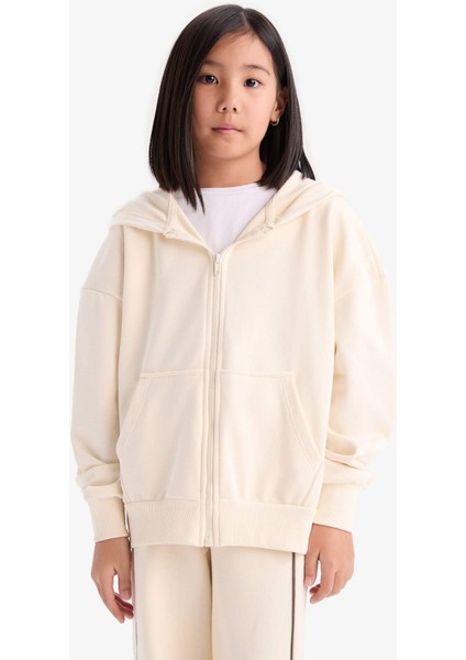 Kız Çocuk Kapüşonlu Basic Düz Cepli Okul Fermuarlı Sweatshirt D9079A825SP
