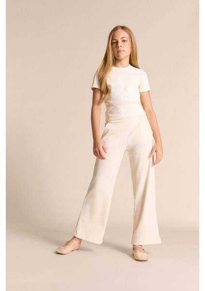 Kız Çocuk Slim Fit Dar Kesim Bisiklet Yaka Ribana Basic Düz Kısa Kollu Tişört B3054A825SM