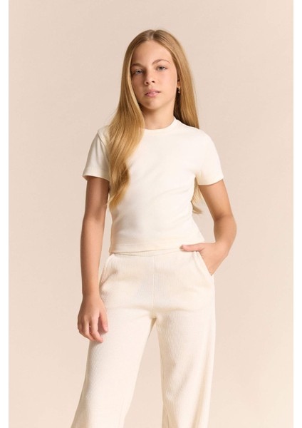 Kız Çocuk Slim Fit Dar Kesim Bisiklet Yaka Ribana Basic Düz Kısa Kollu Tişört B3054A825SM