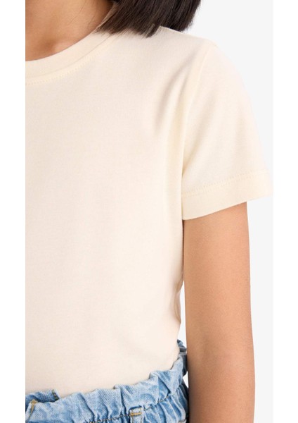 Kız Çocuk Slim Fit Dar Kesim Bisiklet Yaka Ribana Basic Düz Kısa Kollu Tişört B3054A825SM