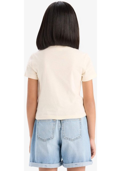 Kız Çocuk Slim Fit Dar Kesim Bisiklet Yaka Ribana Basic Düz Kısa Kollu Tişört B3054A825SM