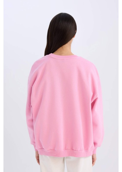 Oversize Geniş Kalıp Bisiklet Yaka Baskılı Kalın Sweatshirt D9805AX24WN