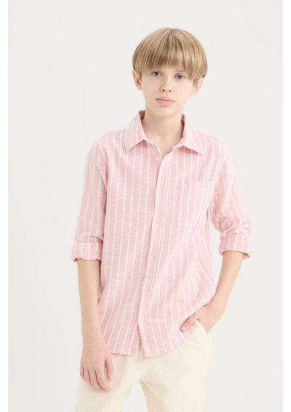 Erkek Çocuk Polo Yaka Çizgili Keten Karışımlı Uzun Kollu Gömlek D7878A825SM