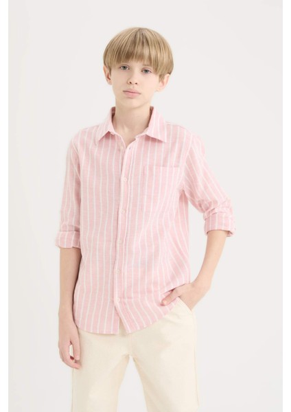 Erkek Çocuk Polo Yaka Çizgili Keten Karışımlı Uzun Kollu Gömlek D7878A825SM