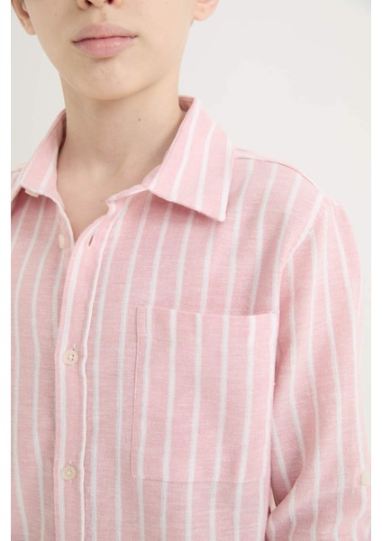 Erkek Çocuk Polo Yaka Çizgili Keten Karışımlı Uzun Kollu Gömlek D7878A825SM