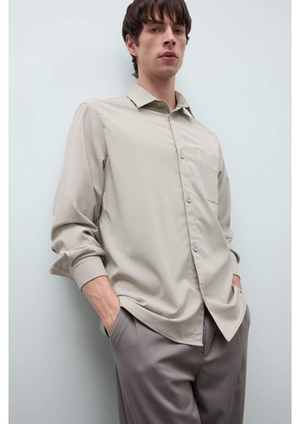 Regular Fit Polo Yaka Basic Düz Gofre Uzun Kollu Gömlek D8713AX25SP