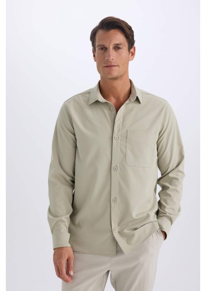 Regular Fit Polo Yaka Basic Düz Gofre Uzun Kollu Gömlek D8713AX25SP
