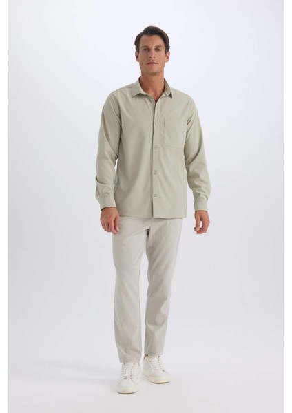 Regular Fit Polo Yaka Basic Düz Gofre Uzun Kollu Gömlek D8713AX25SP