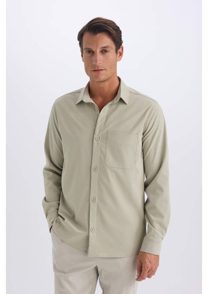 Regular Fit Polo Yaka Basic Düz Gofre Uzun Kollu Gömlek D8713AX25SP