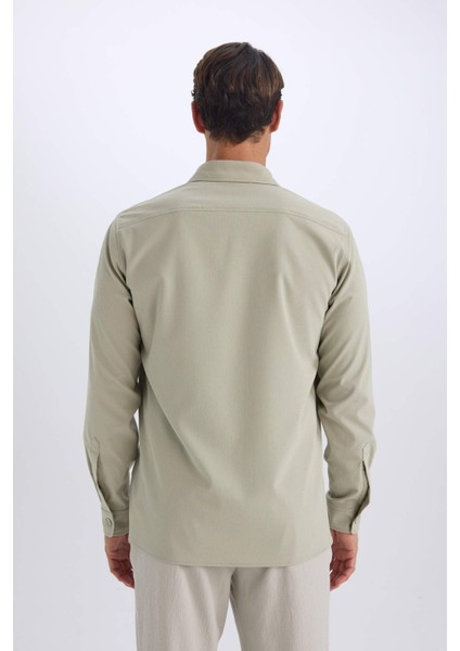 Regular Fit Polo Yaka Basic Düz Gofre Uzun Kollu Gömlek D8713AX25SP