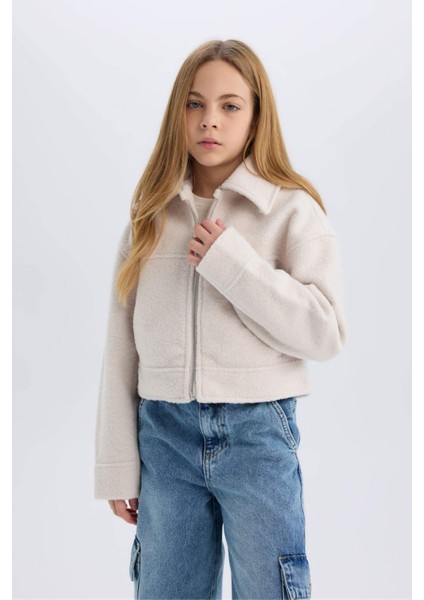 Kız Çocuk Polo Yaka Fermuarlı Kısa Kaşe Mont E0057A825SP