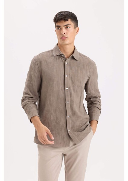 %100 Pamuk Regular Fit Polo Yaka Müslin Uzun Kollu Gömlek W7832AZ25SP