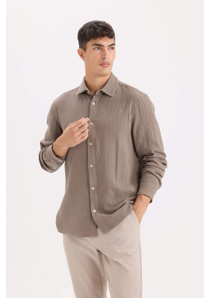 %100 Pamuk Regular Fit Polo Yaka Müslin Uzun Kollu Gömlek W7832AZ25SP