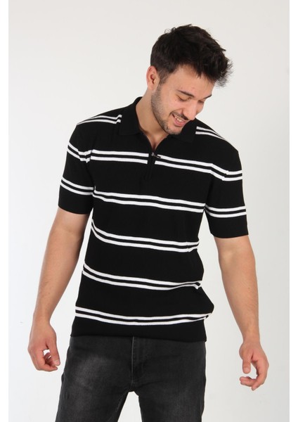 66562 Yakası Fermuarlı Çift Çizgi Desen Triko T-Shirt
