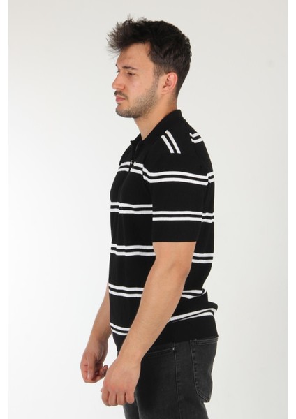 66562 Yakası Fermuarlı Çift Çizgi Desen Triko T-Shirt