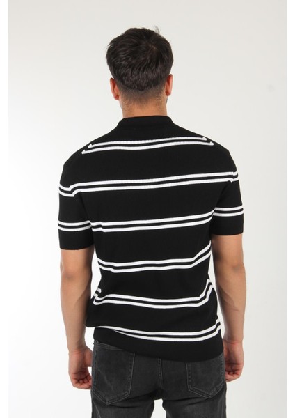 66562 Yakası Fermuarlı Çift Çizgi Desen Triko T-Shirt