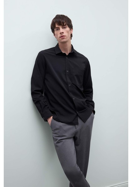 Regular Fit Polo Yaka Basic Düz Gofre Uzun Kollu Siyah Gömlek D8713AX25SP