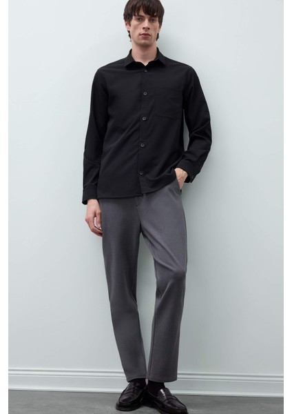 Regular Fit Polo Yaka Basic Düz Gofre Uzun Kollu Siyah Gömlek D8713AX25SP