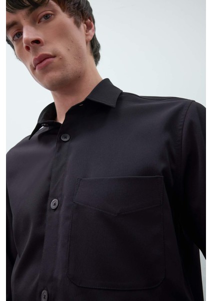 Regular Fit Polo Yaka Basic Düz Gofre Uzun Kollu Siyah Gömlek D8713AX25SP