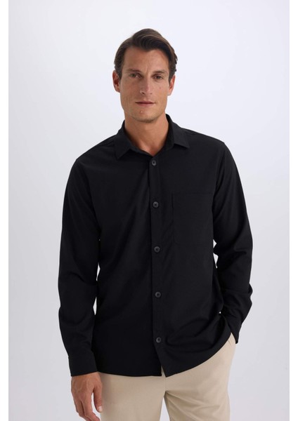 Regular Fit Polo Yaka Basic Düz Gofre Uzun Kollu Siyah Gömlek D8713AX25SP