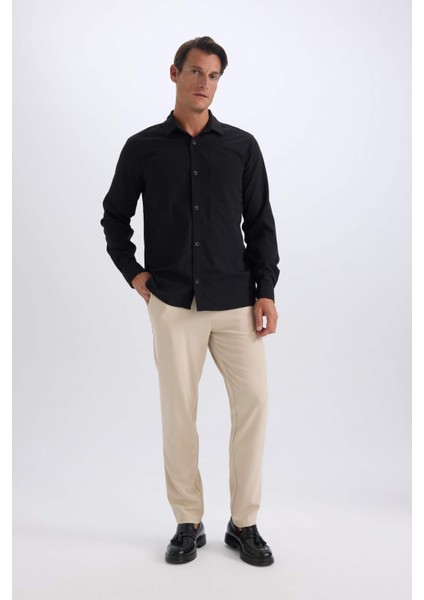 Regular Fit Polo Yaka Basic Düz Gofre Uzun Kollu Siyah Gömlek D8713AX25SP
