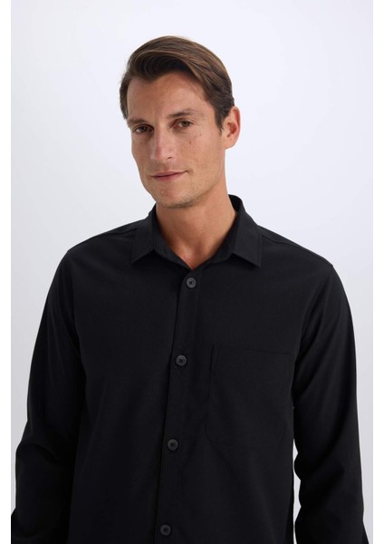 Regular Fit Polo Yaka Basic Düz Gofre Uzun Kollu Siyah Gömlek D8713AX25SP