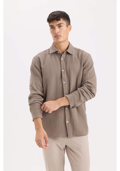 %100 Pamuk Regular Fit Polo Yaka Müslin Uzun Kollu Gömlek W7832AZ25SP