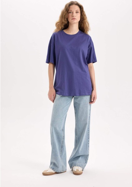 Oversize Geniş Kalıp Bisiklet Yaka Basic Düz Kısa Kollu Tişört V4136AZ25SM