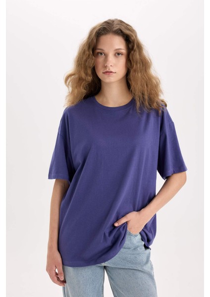 Oversize Geniş Kalıp Bisiklet Yaka Basic Düz Kısa Kollu Tişört V4136AZ25SM