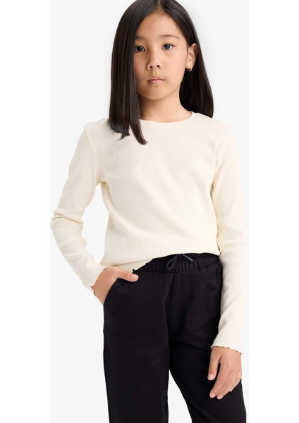 Kız Çocuk Okula Dönüş Slim Fit Dar Kesim Bisiklet Yaka Ribana Uzun Kollu Basic Düz Tişört B7452A825SP