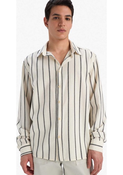 %100 Pamuk Relax Fit Çizgili Uzun Kollu Gömlek E0302AX25SP
