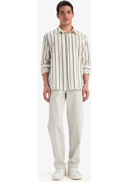 %100 Pamuk Relax Fit Çizgili Uzun Kollu Gömlek E0302AX25SP