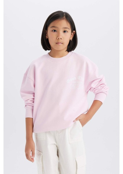 Kız Çocuk Relax Fit Bisiklet Yaka Baskılı Okul Sweatshirt D9078A825SP