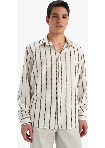 %100 Pamuk Relax Fit Çizgili Uzun Kollu Gömlek E0302AX25SP