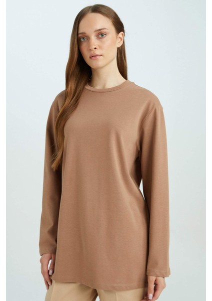 Regular Fit Bisiklet Yaka Basic Düz Uzun Kollu Tişört Tunik D4897AX24WN