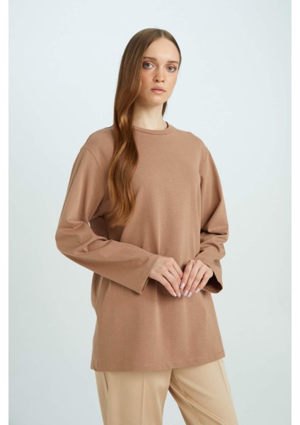 Regular Fit Bisiklet Yaka Basic Düz Uzun Kollu Tişört Tunik D4897AX24WN