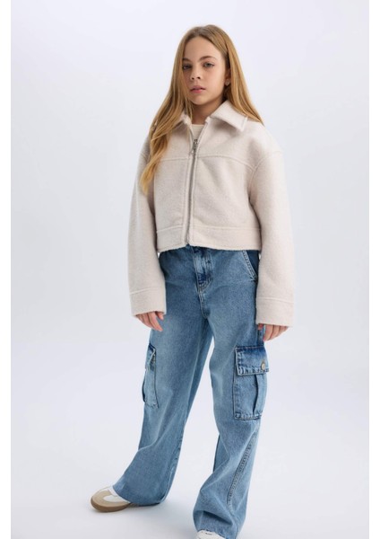 Kız Çocuk Polo Yaka Fermuarlı Kısa Kaşe Mont E0057A825SP