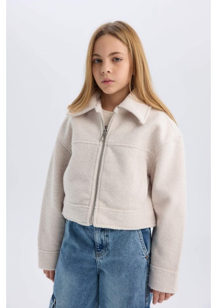 Kız Çocuk Polo Yaka Fermuarlı Kısa Kaşe Mont E0057A825SP