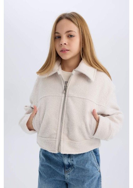 Kız Çocuk Polo Yaka Fermuarlı Kısa Kaşe Mont E0057A825SP