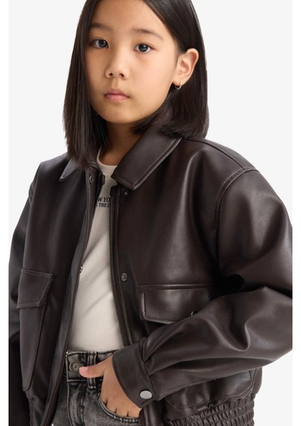 Kız Çocuk Su Geçirmez Fermuarlı Çift Cepli Suni Deri Mont Ceket D6925A825SP