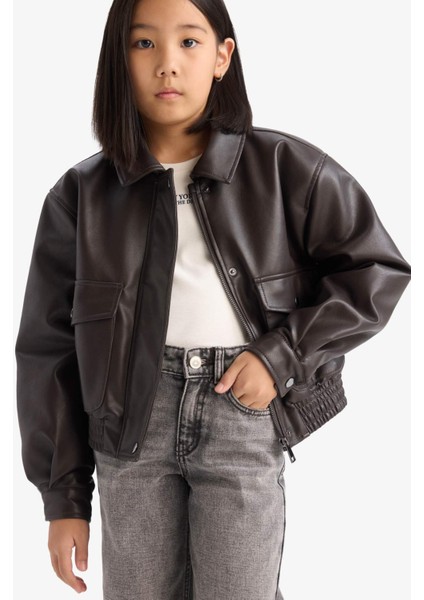 Kız Çocuk Su Geçirmez Fermuarlı Çift Cepli Suni Deri Mont Ceket D6925A825SP