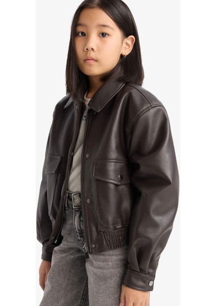 Kız Çocuk Su Geçirmez Fermuarlı Çift Cepli Suni Deri Mont Ceket D6925A825SP