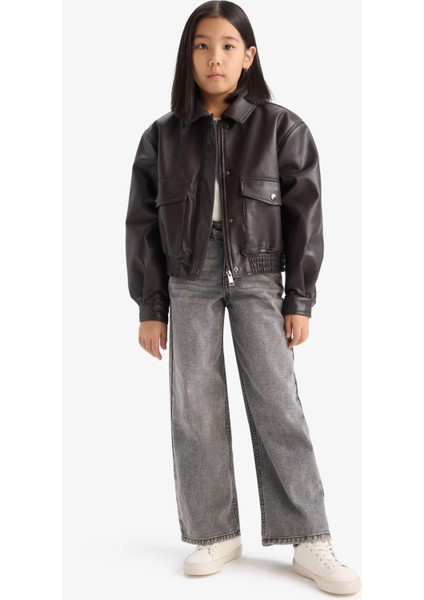 Kız Çocuk Su Geçirmez Fermuarlı Çift Cepli Suni Deri Mont Ceket D6925A825SP