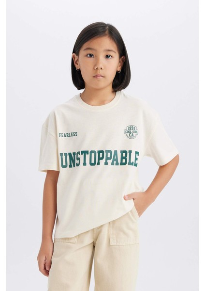 Kız Çocuk Relax Fit Bisiklet Yaka Baskılı Kısa Kollu Tişört D8538A825SM