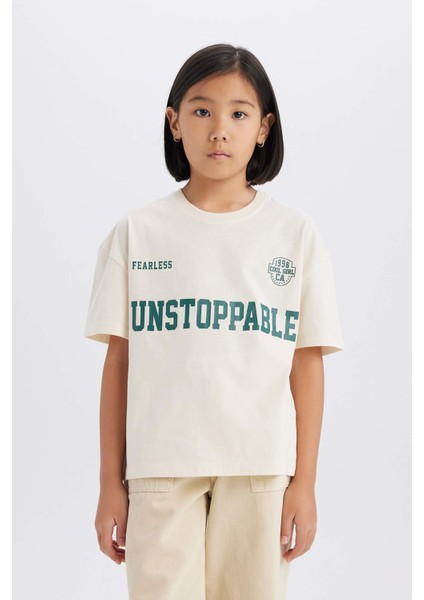 Kız Çocuk Relax Fit Bisiklet Yaka Baskılı Kısa Kollu Tişört D8538A825SM